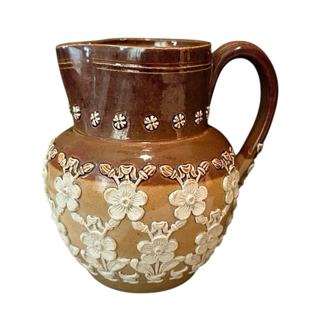 Doulton Lambeth Stoneware Pitcher – c. 1880–1900 – Raised Floral Relief – 5.5”